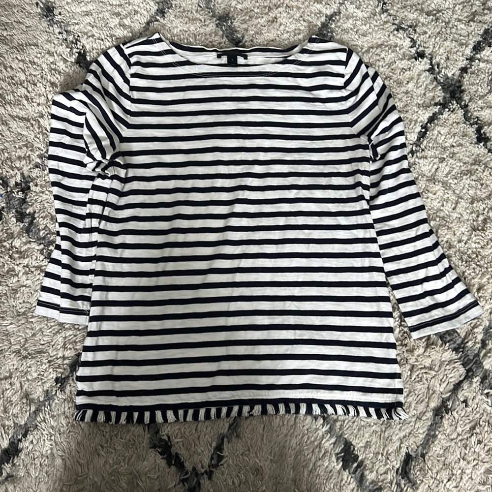 J Crew Striped Blue and White Long Sleeve Tee, fringe bottom- size Small